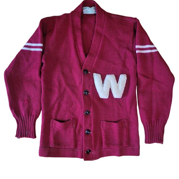 Vintage Wisconsin Badgers Wool Letterman Sweater Cardigan Puffy W Red Imperial - Picture 1 of 14